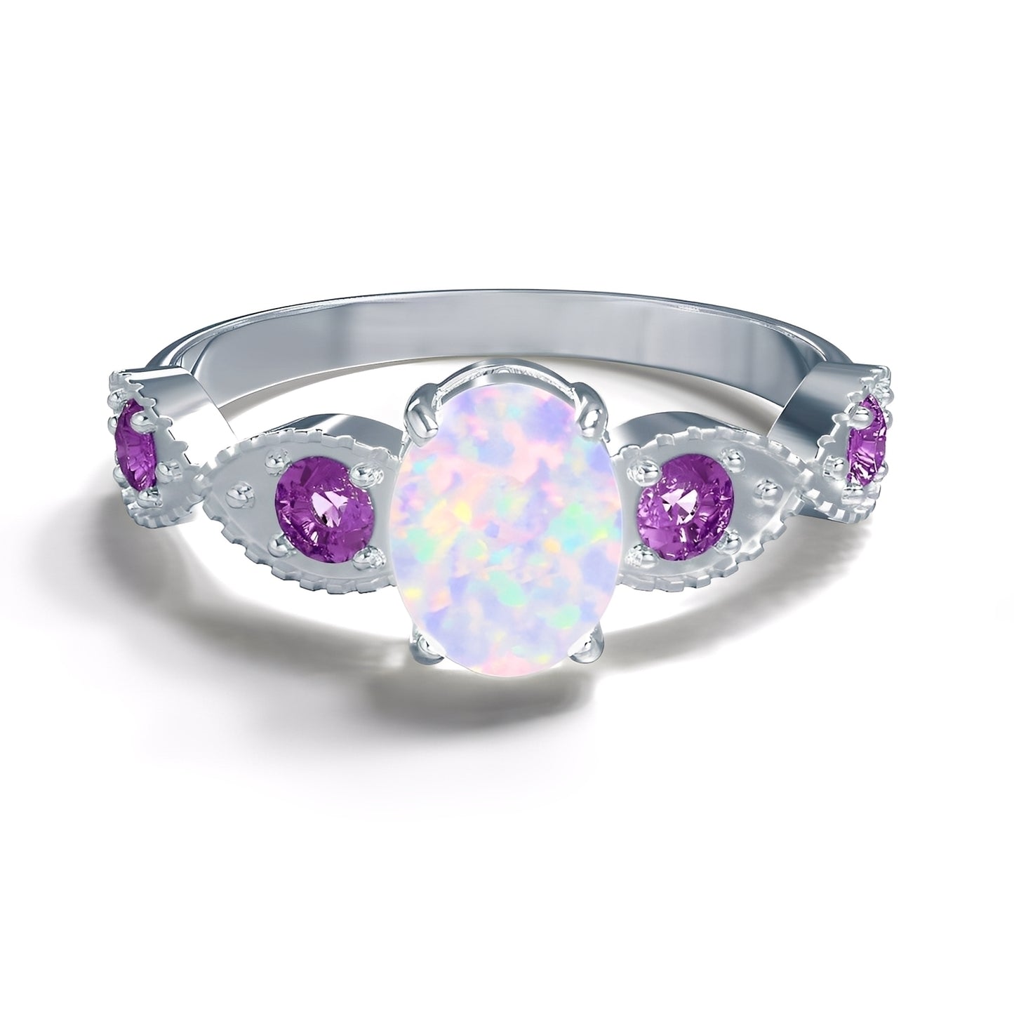 Valka – Bague Opale Blanche & Améthyste