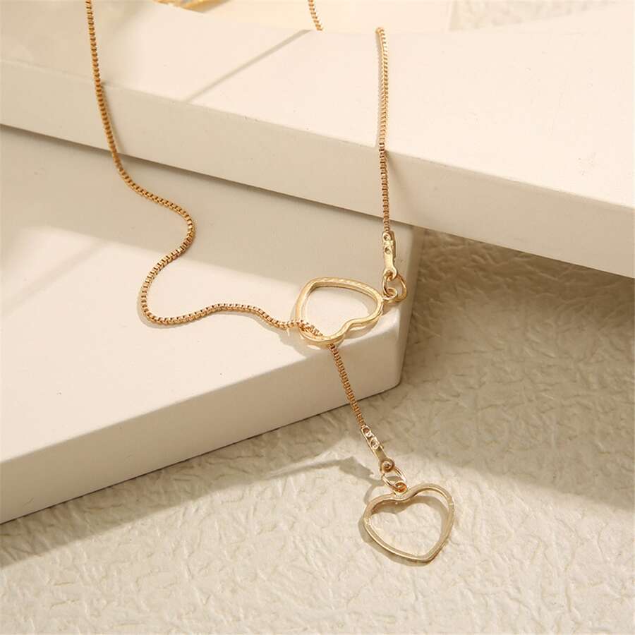 Collier Cœur Goutte - Collier à Deux Cœurs et Pendentifs en Gouttes Dorées