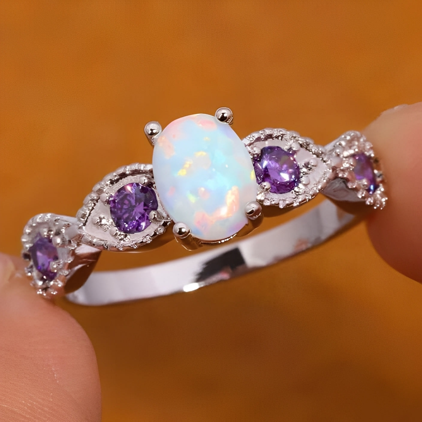 Valka – Bague Opale Blanche & Améthyste