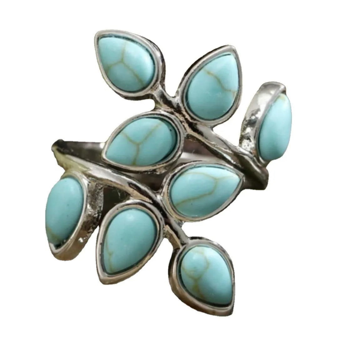Thalie – Bague Ajustable avec Feuilles Turquoise