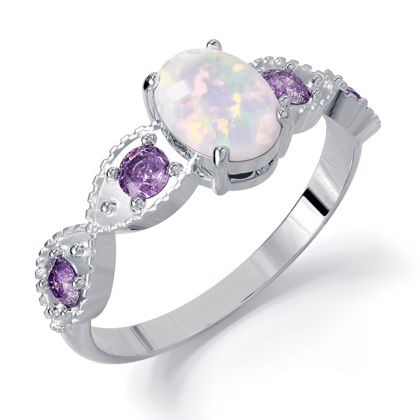Valka – Bague Opale Blanche & Améthyste