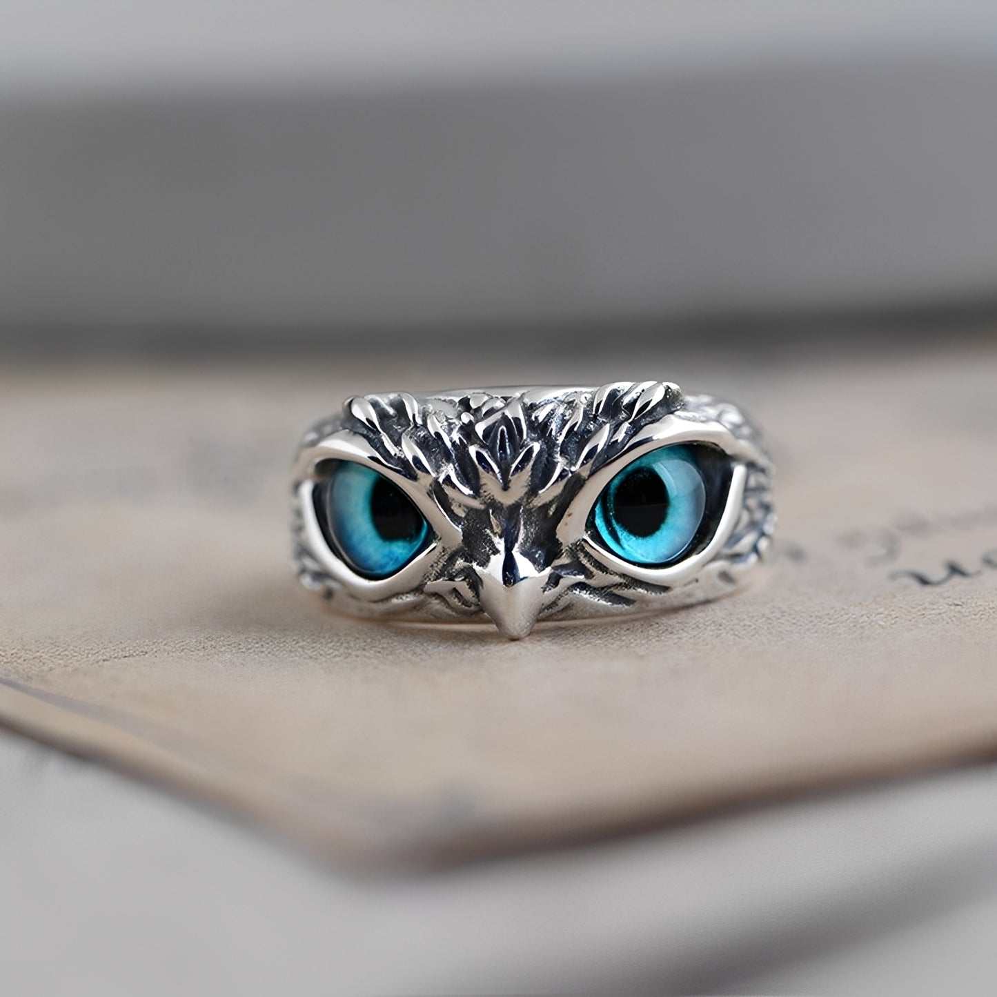 Diane – Bague Ajustable Hibou Argent & Opale