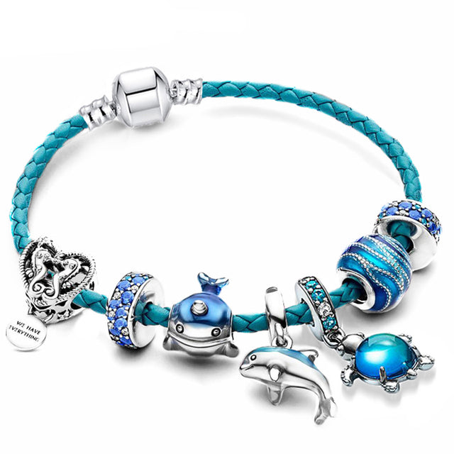 Oceano – Bracelet en Cuir et Argent avec Charmes Marins