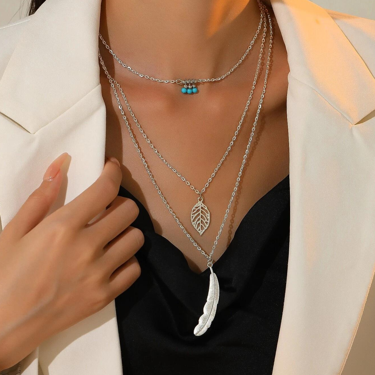 Pendentif Feuille & Plume - Collier à 3 Couches