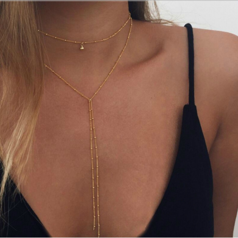 Collier rétro clavicule - Collier long en perles