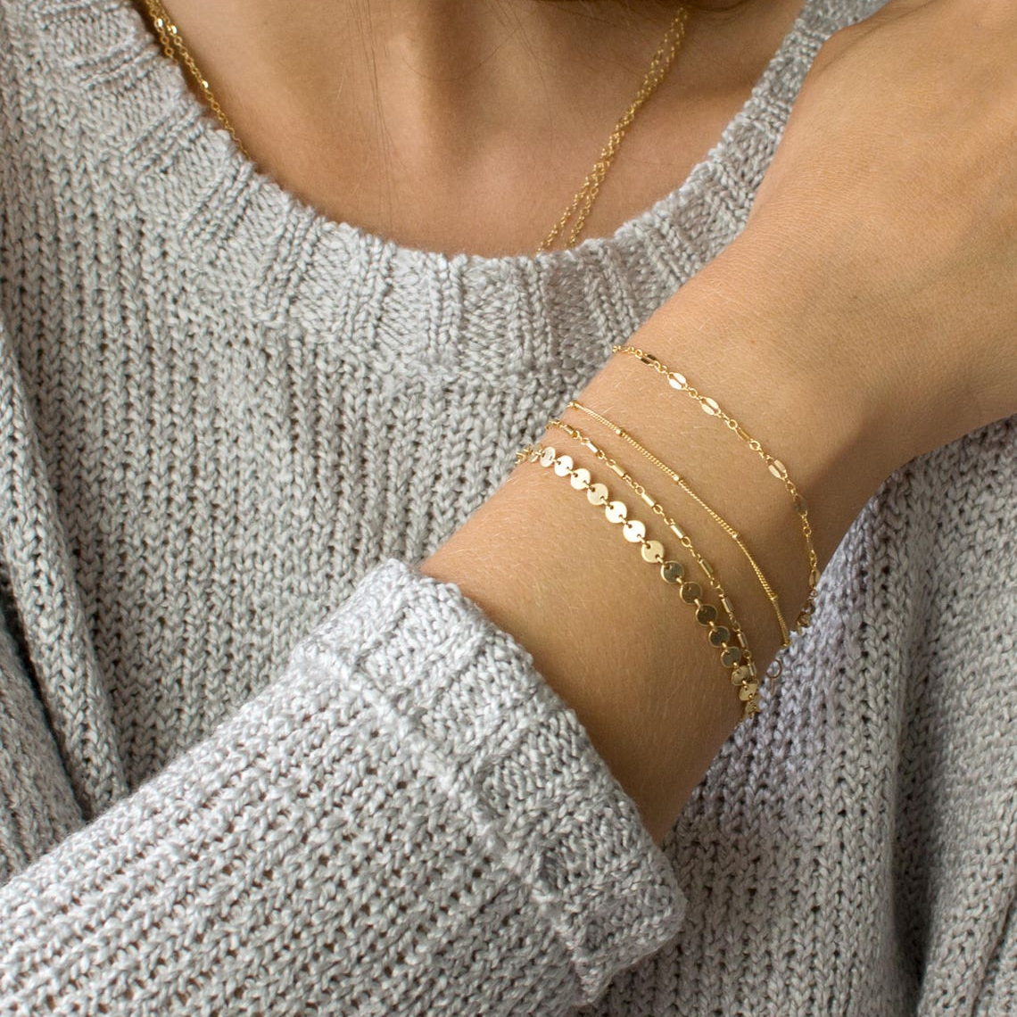 Bracelet à disques chaîne tubulaire - Ensemble de bracelets superposés