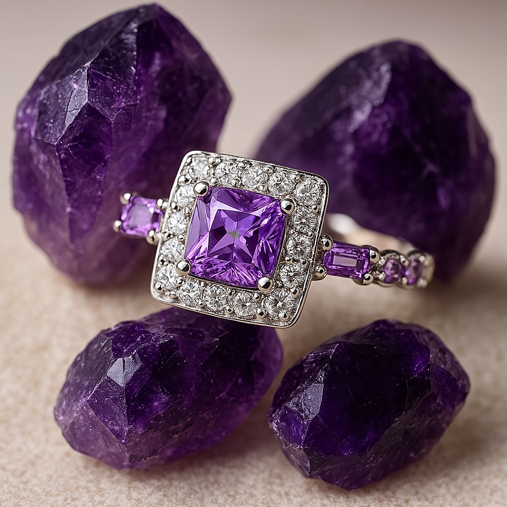 Lyra – Bague Carrée en Améthyste Cristal