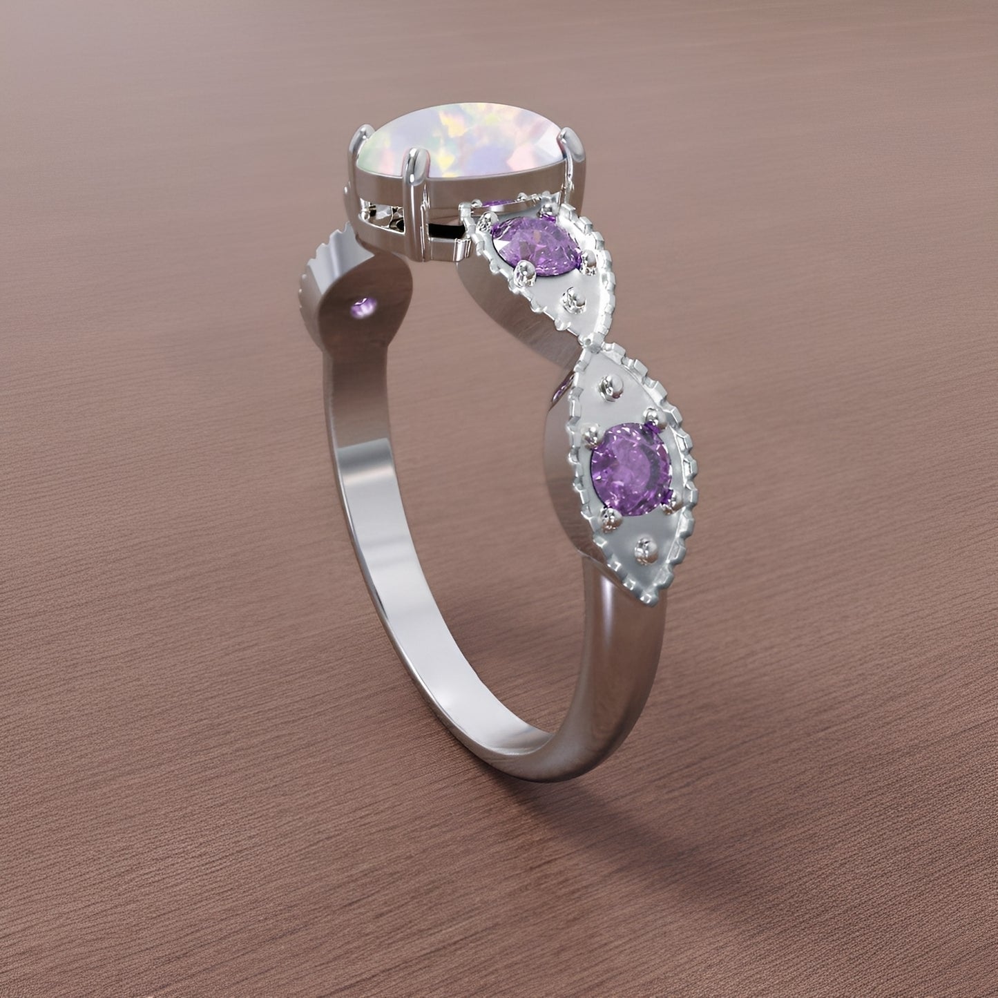 Valka – Bague Opale Blanche & Améthyste