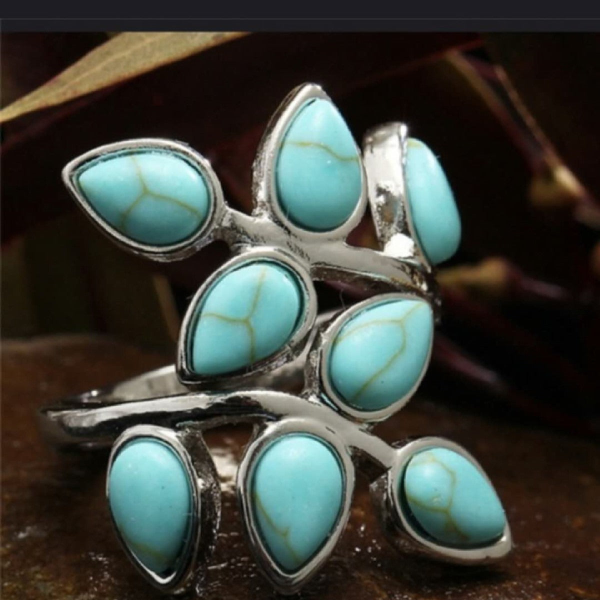 Thalie – Bague Ajustable avec Feuilles Turquoise