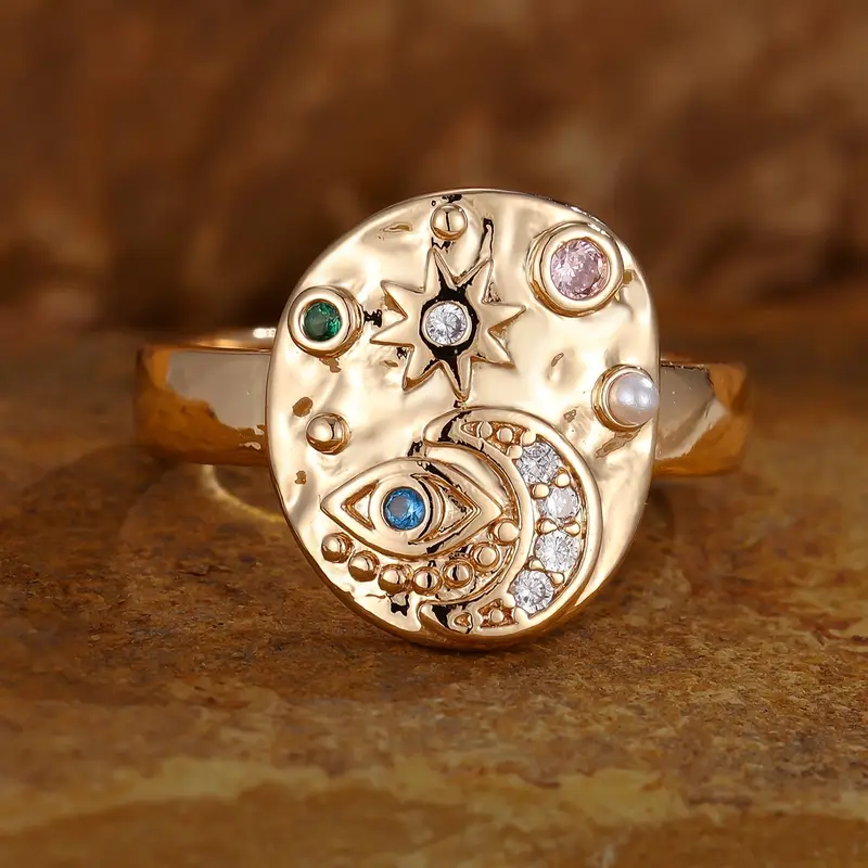 Solenya – Bague Cristal Doré Motif Soleil-Lune