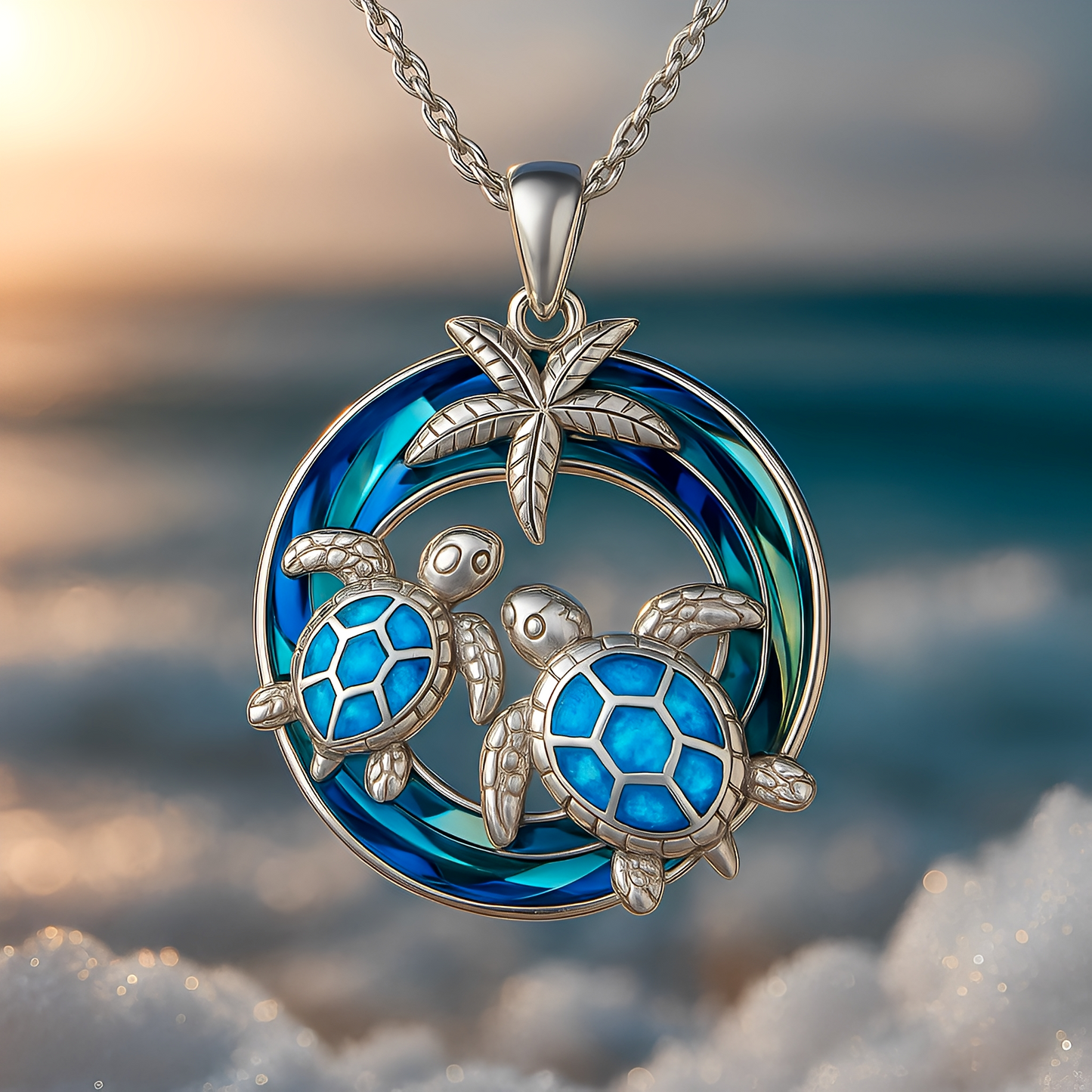 Nolwen – Collier Tortue et Palmier avec Cercle en Opale