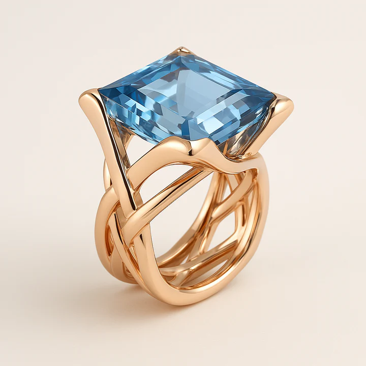 Bam – Bague Vintage en Or Rose avec Zircon Bleu Étincelant
