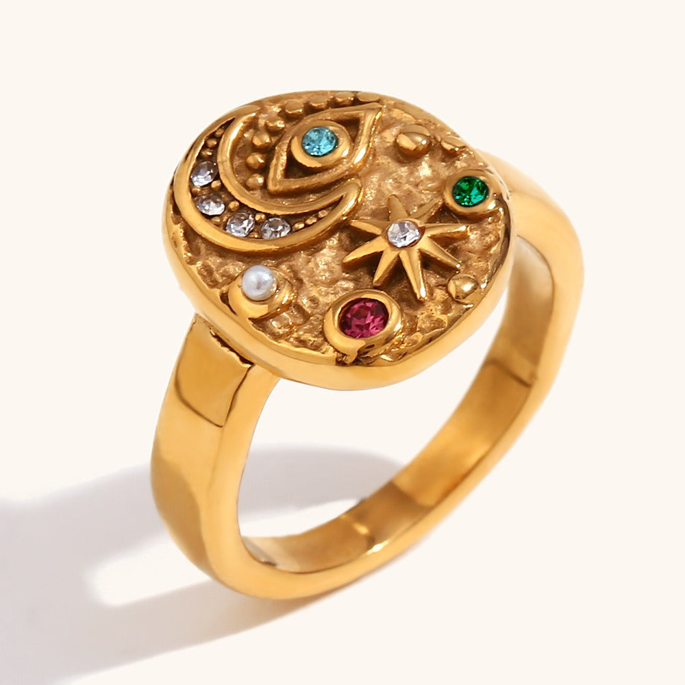Solenya – Bague Cristal Doré Motif Soleil-Lune