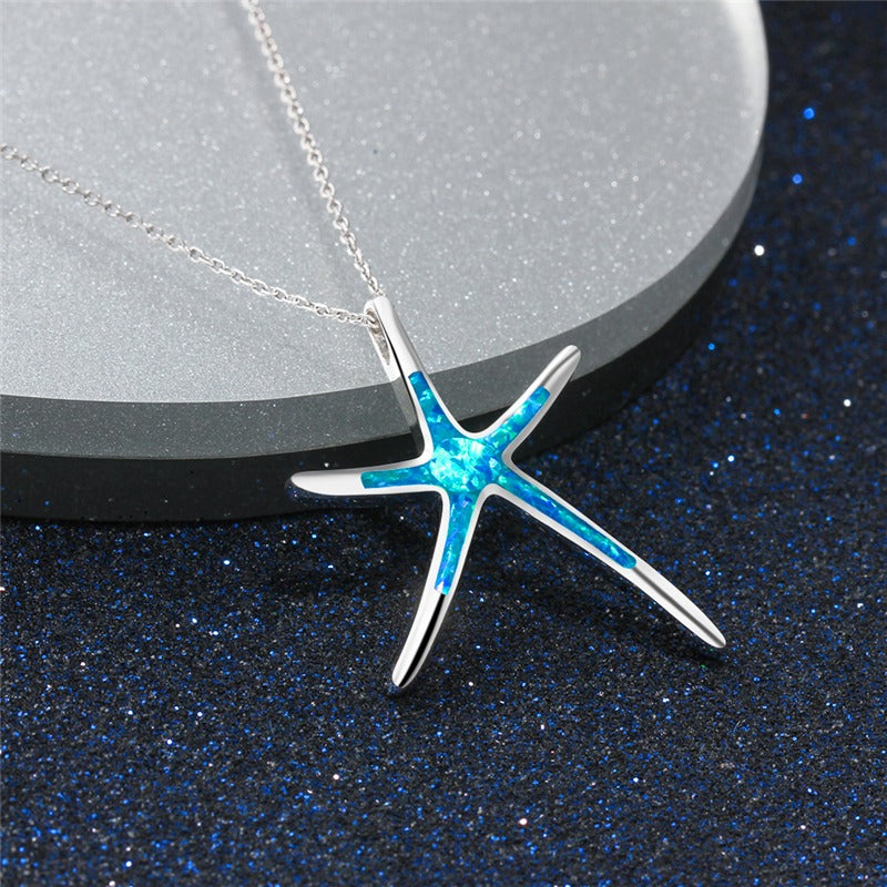Starla – Collier en Argent avec Étoile de Mer et Opale Bleue