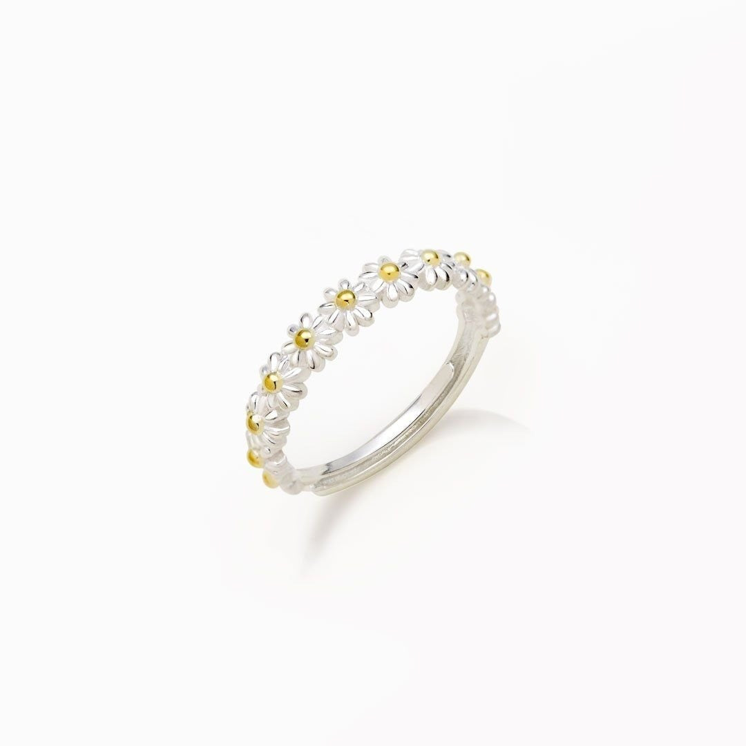 Dahliana – Bague Marguerite en Argent Ajustable et Émail Peint à la Main