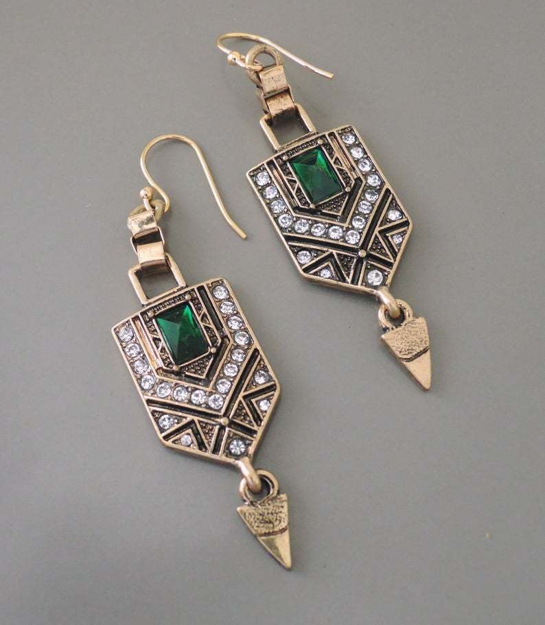 Stacey – Boucles Vintage Géométriques Vert & Or