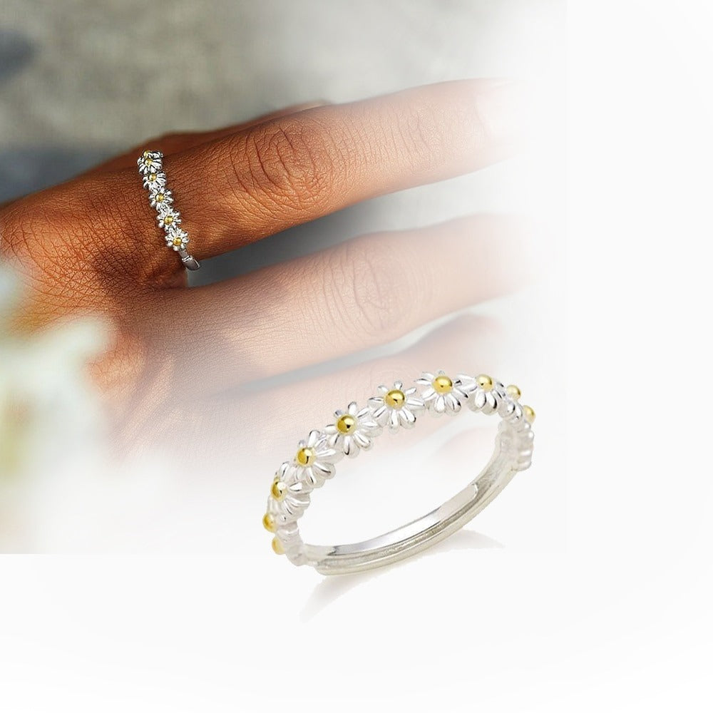 Dahliana – Bague Marguerite en Argent Ajustable et Émail Peint à la Main