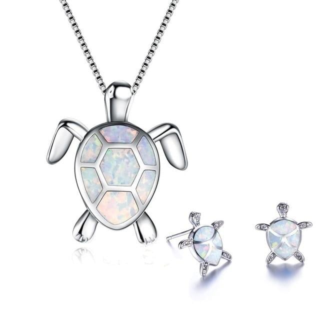 Kailea – Parure Tortue en Opale et Argent (Collier + Boucles d’Oreilles)