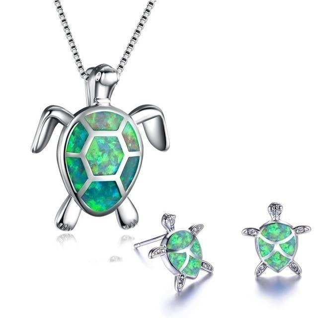 Kailea – Parure Tortue en Opale et Argent (Collier + Boucles d’Oreilles)