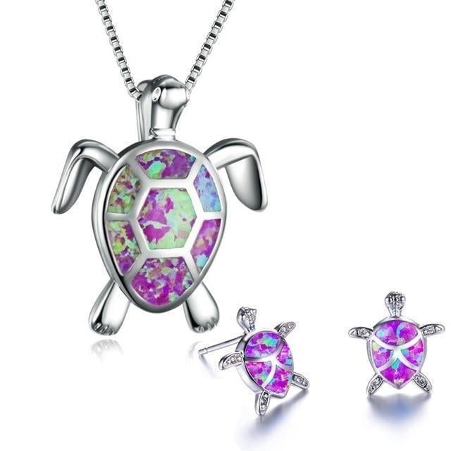 Kailea – Parure Tortue en Opale et Argent (Collier + Boucles d’Oreilles)
