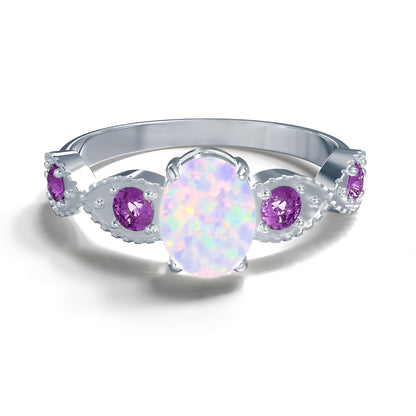 Valka – Bague Opale Blanche & Améthyste