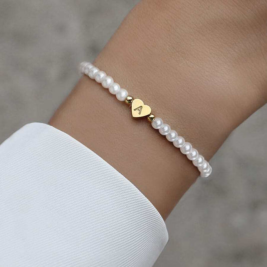 Bracelet en perles avec initiales gravées - Bracelet en perles en forme de cœur personnalisé