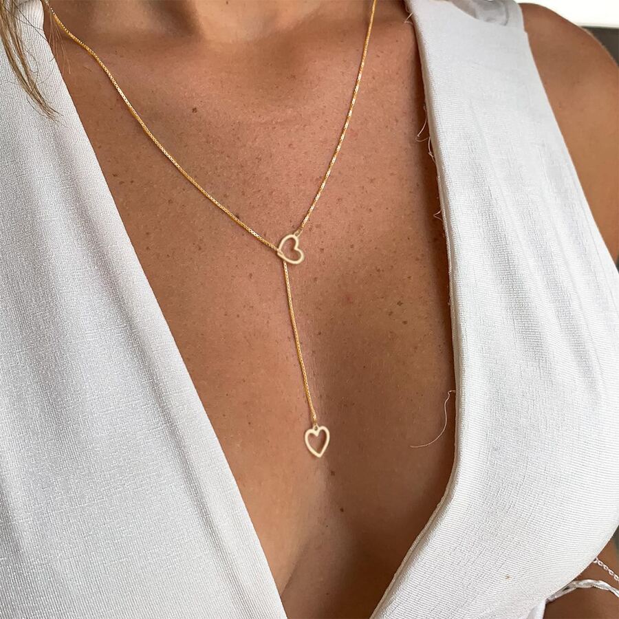 Collier Cœur Goutte - Collier à Deux Cœurs et Pendentifs en Gouttes Dorées