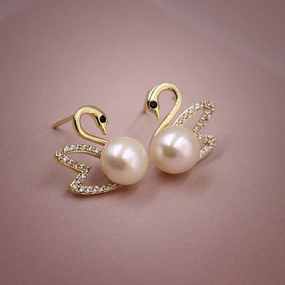 Boucles d'oreilles en or avec diamant et cygne - Boucles d'oreilles en or avec perle