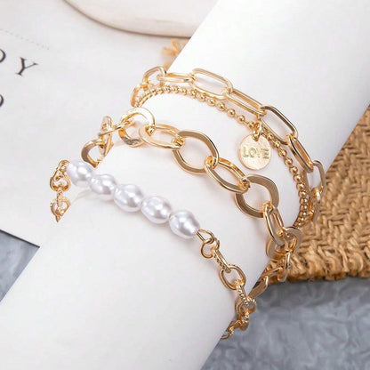 Bracelet perlé doré 3 pièces - grand ensemble de chaînes