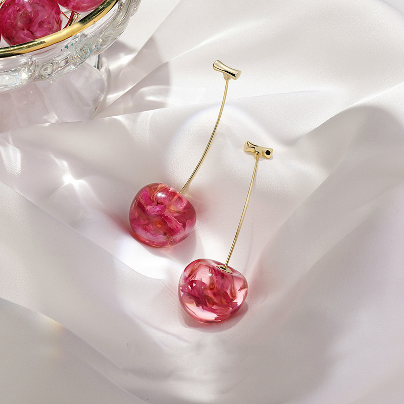 Cerise séchée - Boucles d'oreilles longues en forme de cerises