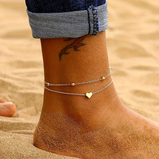 Mini Bracelet de Cheville en Cœur - Bracelet de Cheville Amour à Double Couches