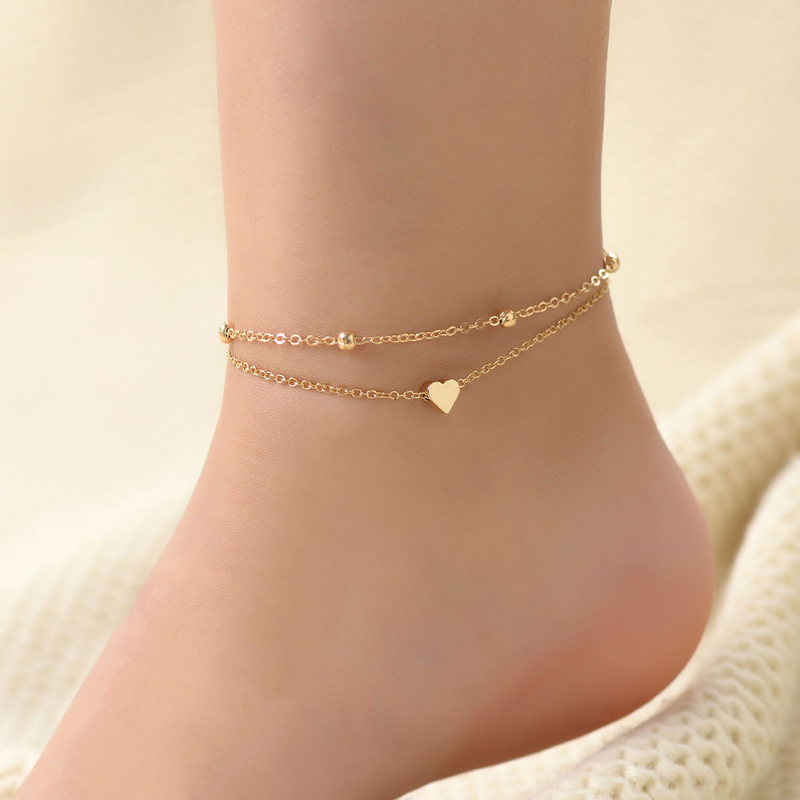 Mini Bracelet de Cheville en Cœur - Bracelet de Cheville Amour à Double Couches