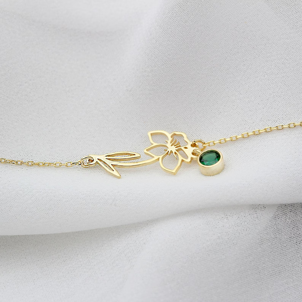 Bracelet de Fleurs d'Anniversaire - Bracelet avec Pierre de Naissance et Fleur