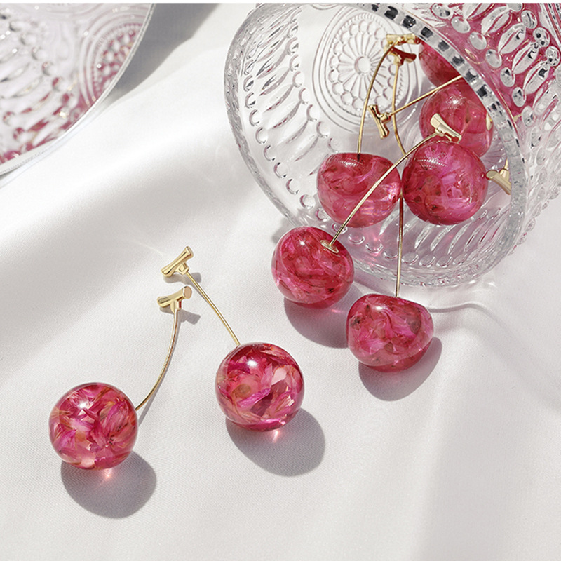 Cerise séchée - Boucles d'oreilles longues en forme de cerises