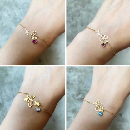 Bracelet Fleurs d'Anniversaire - Bracelet avec Pierre de Naissance et Fleur
