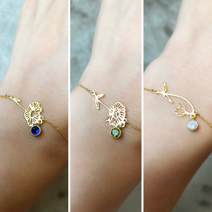 Bracelet de Fleurs d'Anniversaire - Bracelet avec Pierre de Naissance et Fleur