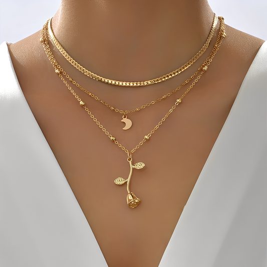 Sylvia – Collier Pendentifs Rose & Lune en Or