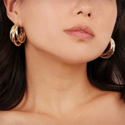 Boucles d'oreilles Triple Anneaux - 3 Boucles d'oreilles en Anneaux dorés
