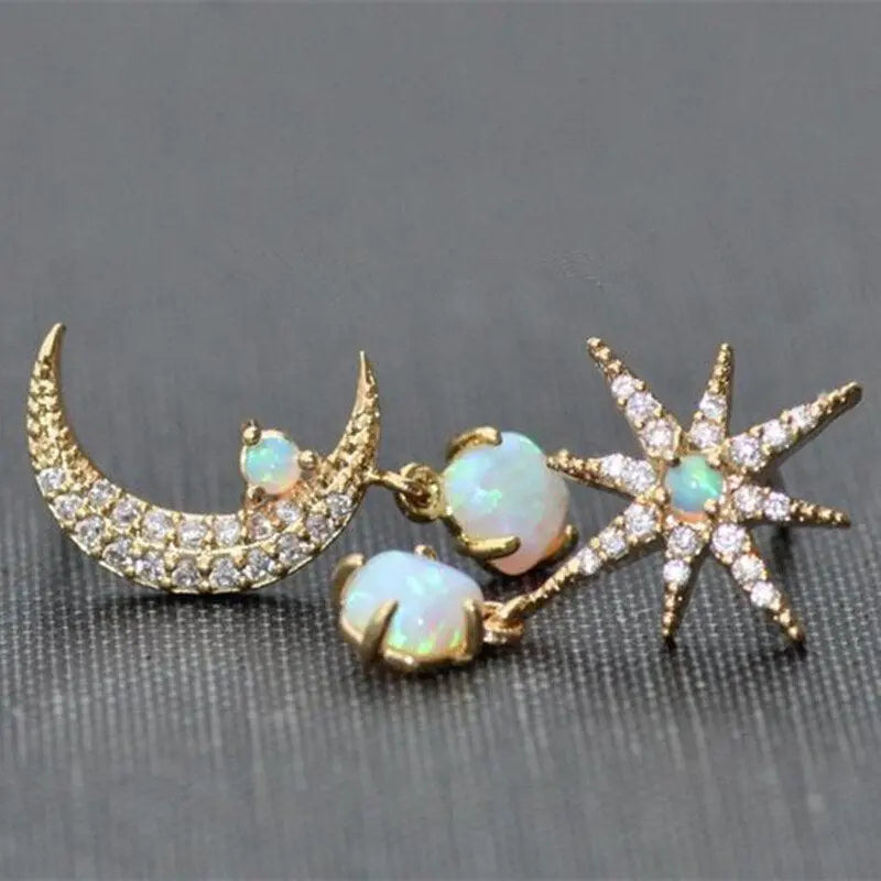 Carol – Boucles d'Oreilles Lune et Étoiles en Or et Opale