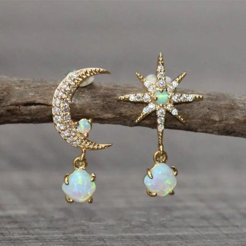 Carol – Boucles d'Oreilles Lune et Étoiles en Or et Opale