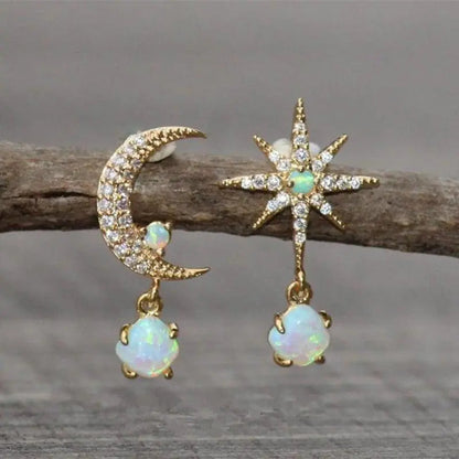 Carol – Boucles d'Oreilles Lune et Étoiles en Or et Opale