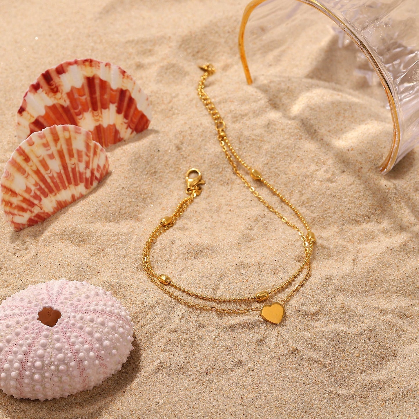 Rami – Bracelet de Cheville Cœur Doré Double Couches