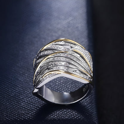 Lena – Bague Dorée Bicolore Multicouche en Zircon & Strass