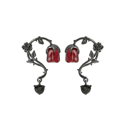 Rosalya – Boucles d’Oreilles Rose Rouge & Ronce Sombre
