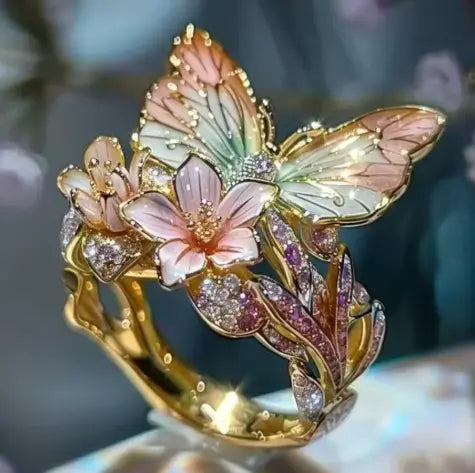 Mayla – Bague Fleur & Papillon Dorés pour Femme