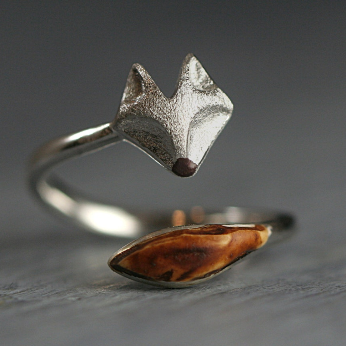 Bague ajustable en bois avec visage de renard - Bague en argent avec motif de renard