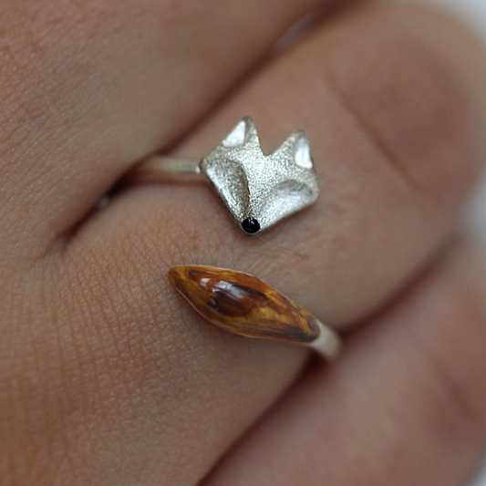 Bague ajustable en bois avec visage de renard - Bague en argent avec motif de renard