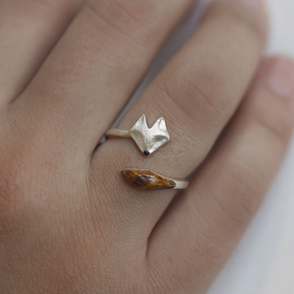 Bague ajustable en bois avec visage de renard - Bague en argent avec motif de renard