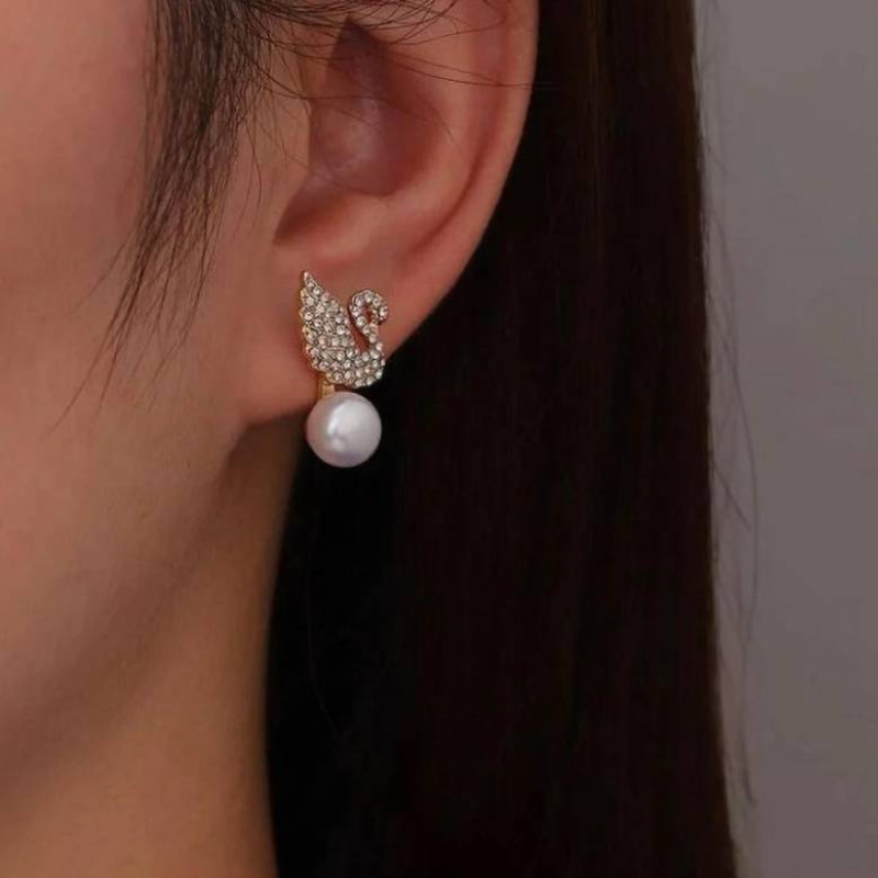 Boucles d'oreilles en forme de cygne avec perles - Élégance naturelle