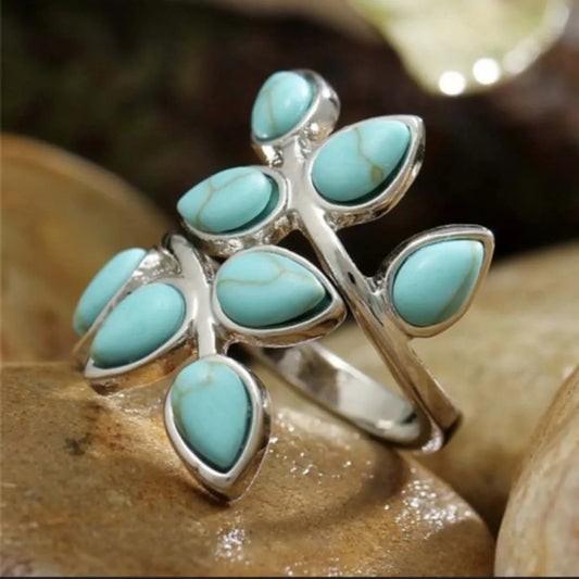 Thalie – Bague Ajustable avec Feuilles Turquoise